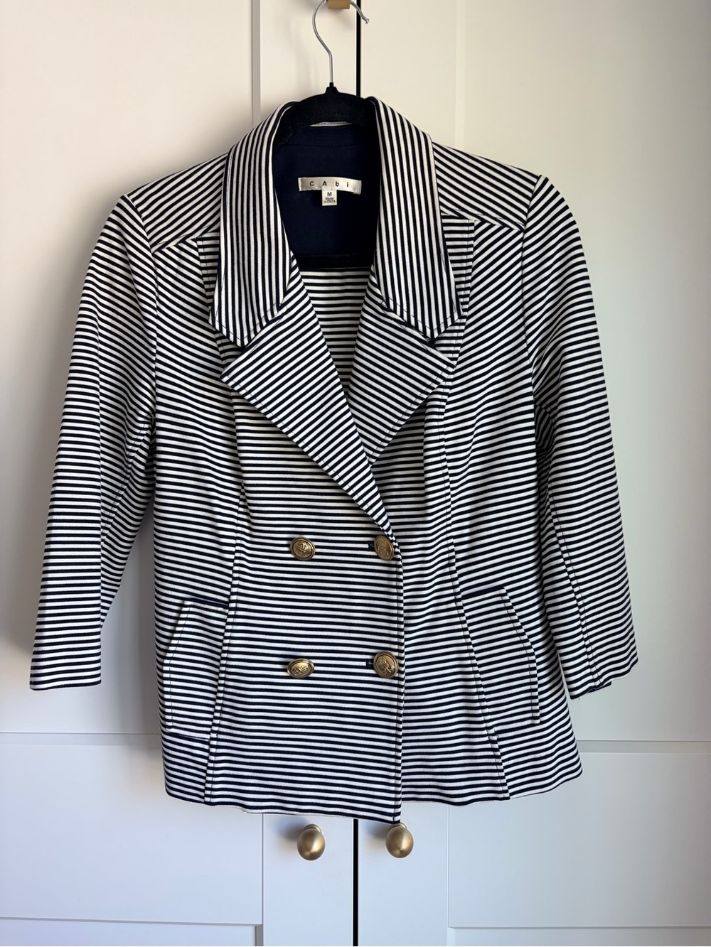 CAbi Navy & White Striped Double-Breasted Blazer 3/4 Sleeves | M